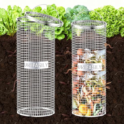 UNIFAMILY 2pcs Inground Worm Composting Bin, Stainless Steel Outdoor Compost Bin with Handle, Worm Composter, Worms Bins for Composting Recycling Kitchen Food Waste