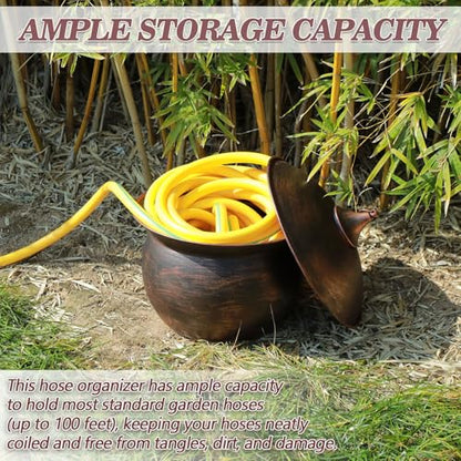 Metal Garden Hose Storage Pot,Vintage Copper Finish Hose Holder with Lid