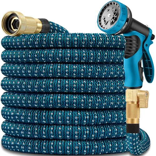 100 ft Expandable Garden Hose - Durable 3750D Fabric, 4-Layer Latex Core, Solid Brass Connectors Expanding Water hoses - 10 Spray Nozzles & Convenient Storage Bag Included