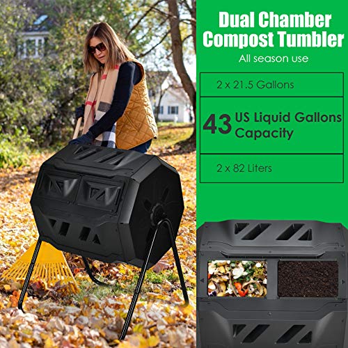 Goplus 43 Gallon Composting Tumbler, Dual Chamber High Volume Compost with 2 Sliding Doors
