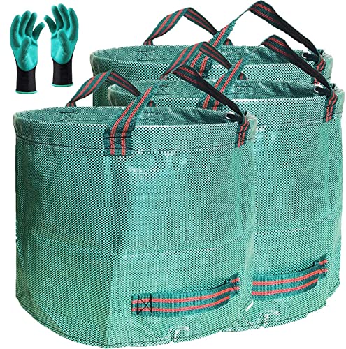 Professional 3-Pack 137 Gallon Extra Large Lawn Garden Bags (D34,H34 in) Reusable Yard Waste Bags with Gardening Gloves for Big Leaf Bag,Lawn Weeds,Grass Clippings Bag,Yard Debris Containers 4 Handles