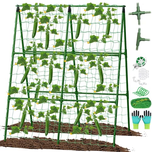 Cucumber Trellis for Raised Beds, 31 X 47 Inch Adjustable Size A-Frame Garden Trellis for Climbing Plant Outdoors with Climbing Net and Plant Support Clip for Vegetable Grape Tomato Garden Supplies - size: 1pack 31 x 47 Inch