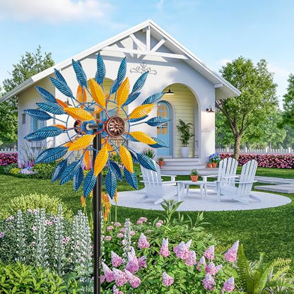 Metal Wind Spinners Outdoor Kinetic Sculpture 5-Prong Base for Garden Yard - color: Blue+yellow