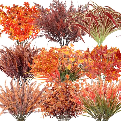 19 Bundles 10 Styles Artificial Fall Flowers Plants for Outdoors Fall Decor - color: Fall Orange