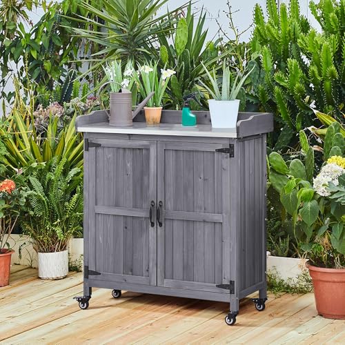 Yaheetech Rolling Potting Bench Outdoor Storage Cabinet, Metal Top, Gray - color: Gray