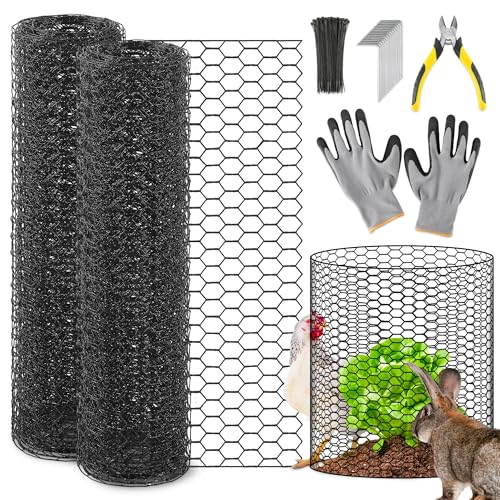 13.8x118" Plant Protectors from Animals, 2Roll Metal Mesh Plant Cages for Outdoor Plants Chicken Wire Cloche Wire Mesh for Garden Fence Kit with Ground Stakes & Nylon Tie,Gloves,Plier (Black) - color: Black