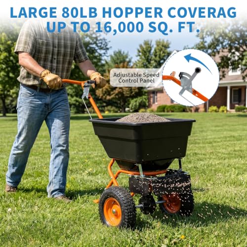 Push Broadcast Spreader, 100lb Large Capacity, 12ft Broadcast Width - color: Orange+100LBS