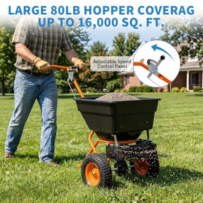 Push Broadcast Spreader, 100lb Large Capacity, 12ft Broadcast Width - color: Orange+100LBS