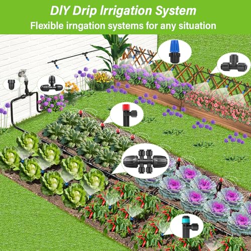 243FT Drip Irrigation Kit, Drip Irrigation System with 1/2'' Hose1/4 Drip Irrigation Tubing, 2026New Quick-Connect, Three Adjustable Nozzle Types for Garden Greenhouse Flower Bed Patio Lawn