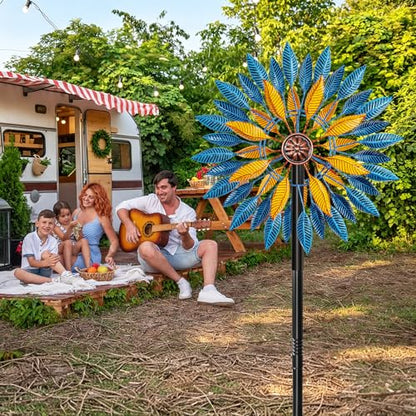 Metal Wind Spinners Outdoor Kinetic Sculpture 5-Prong Base for Garden Yard - color: Blue+yellow
