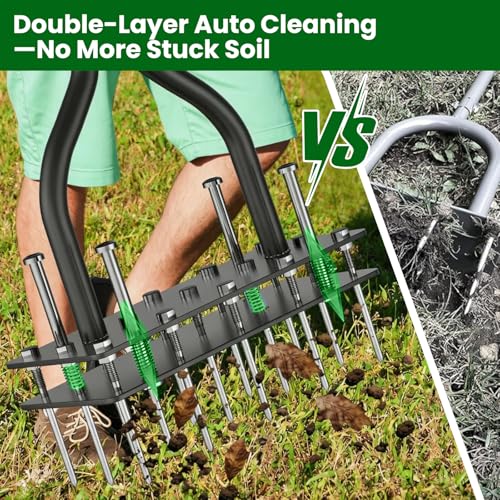 Lawn Aerator Tool,Adjustable Height with 15 Iron Spikes,Double-Layer Spring