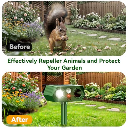Solar Ultrasonic Animal Repeller, 2026 Upgraded Motion Sensor & Flash Light, IP65 Waterproof Outdoor Repellent for Deer, Cat, Squirrel, Rodent