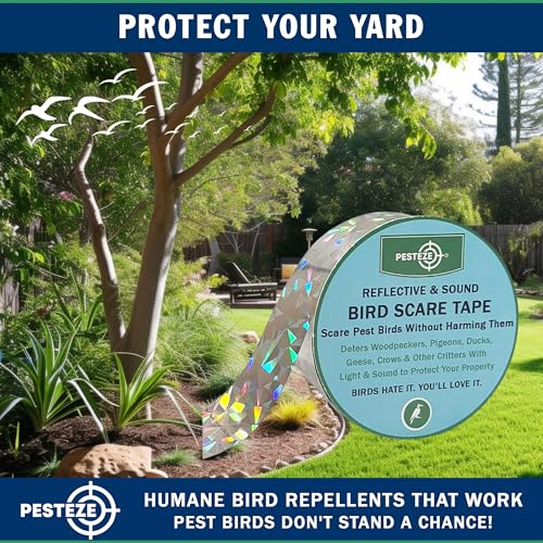 PESTEZE USA Bird Deterrent Reflective Tape–Dual-Sided Holographic Bird Scare Ribbon (1in x 295ft) for Yards, Gardens & Buildings to Repel Nuisance Birds Like Pigeons, Woodpeckers & Geese Without Harm