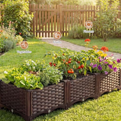 3 Planter Boxes Rectangular Raised Garden Bed Kit Indoor Outdoor Plastic Planter Grow Box for Fresh Vegetables, Herbs, Flowers & Succulents, Brown, 46.4'' X 15.7'' X 8.46''