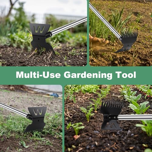 Larger Weed Puller Tool with Long Handle, 2-in-1 Heavy Duty Weed Rake & Hoe