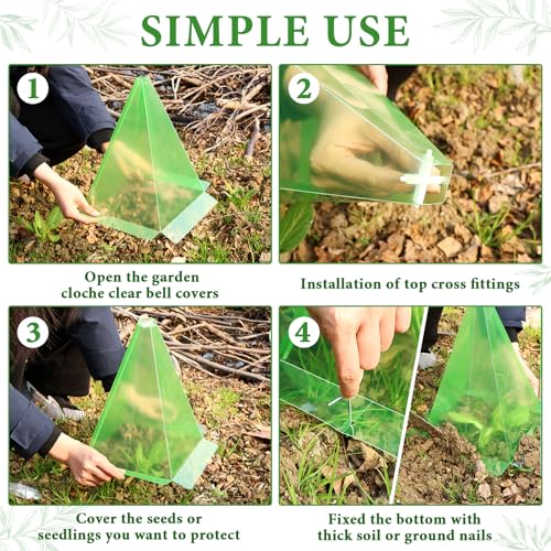 Reusable Plastic Garden Cloches, 7.8" x 11" Mini Greenhouse, 1.2mm Thick Clear Bell Covers with Metal Stakes Against Sun, Frost, Snails, Plant Protector (40pcs-Green) - size: 40pcs-green
