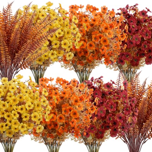 Bassion Artificial Fall Mums for Outdoors Decor, 16 Pcs Fake Fall Flowers - color: Orange