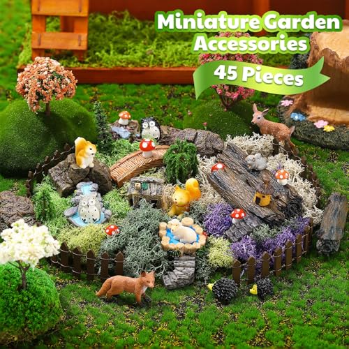 Chunful 45 Pcs Fairy Garden Miniatures Resin Animals Forest Terrarium Decor