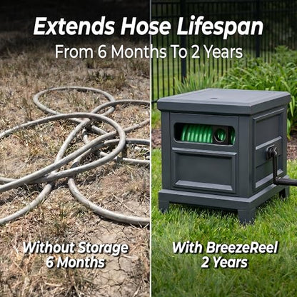 Garden Hose Reel Hideaway, Heavy Duty Metal Hose Reel Box Holds 125FT x 5/8" Hose, Steel Hose Storage Box with Manual Crank, Hose Guide and Leak-Proof Aluminum Connections, Stable 4-Leg Base - color: Dark Gray