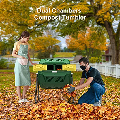 Compost Tumbler Bin Composter Dual Chamber 43 Gallon (Bundled with Pearson's Gardening Gloves) - color: Green