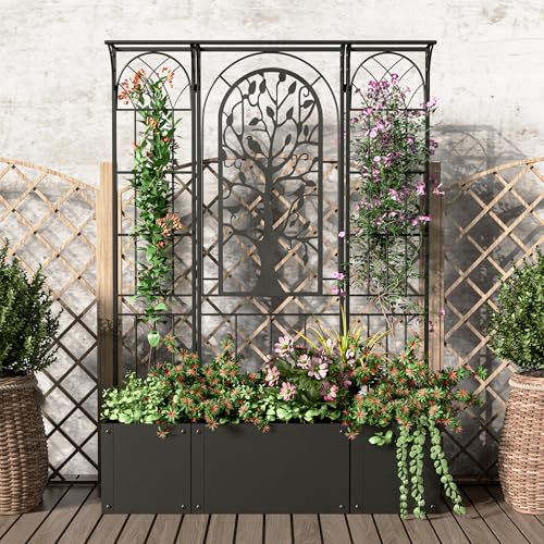 Metal Planter Box with Trellis, Outdoor Raised Garden Bed, Black - color: Black