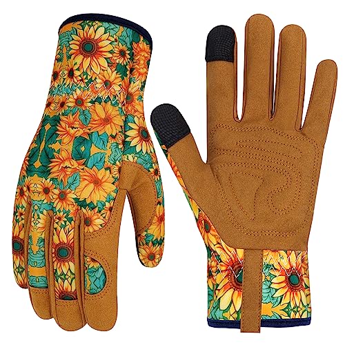 Leather Gardening Gloves for Women Thorn Proof Garden Gloves Touch Screen Working Gloves Gifts,M - color: Chrysanthemum