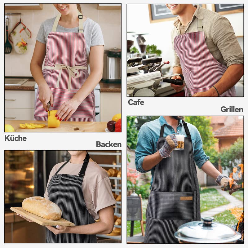 NLUS 2 Pack Kitchen Cooking Aprons, Adjustable Bib Soft Chef Apron with 2 Pockets for Men Women (Black Pinstripes/Pink Pinstripes) - color: Black Pinstripes/Pink Pinstripes