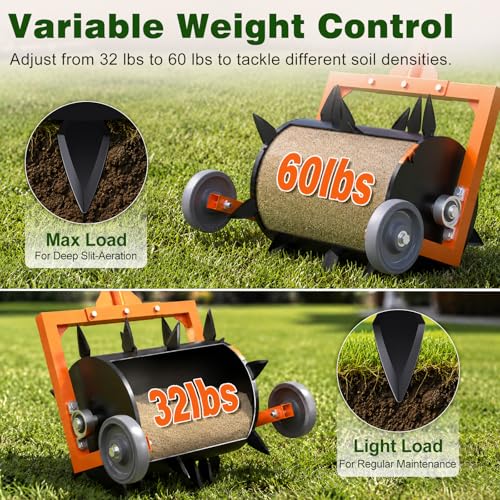 Heavy-Duty Push Lawn Aerator Roller with Steel Spikes for Compacted Soil - color: Orange