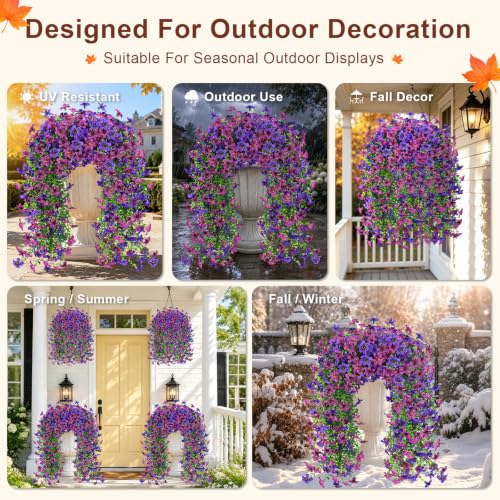 Artificial Hanging Flowers for Outdoors, 2 PCS 344-Bloom UV Resistant Mums - color: Double Purple