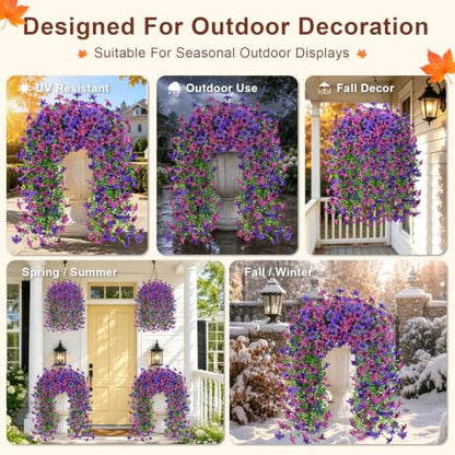 Artificial Hanging Flowers for Outdoors, 2 PCS 344-Bloom UV Resistant Mums - color: Double Purple
