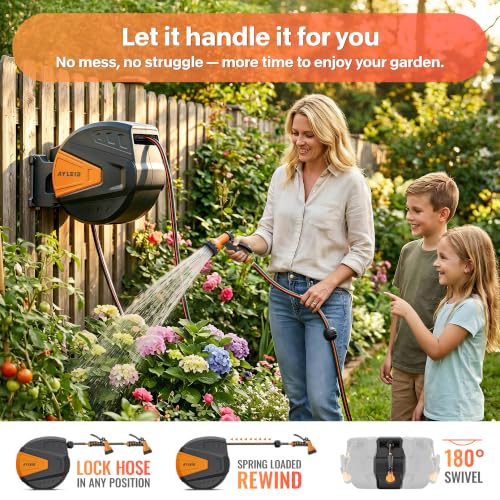 Ayleid Retractable Rubber Hybrid Garden Hose Reel, 5/8"x100ft Wall Mount - color: Deep Black
