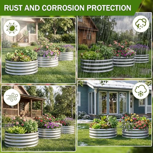 AHEONLAR 3PCS 2x2x2FT Galvanized Raised Garden Bed Kit Round Metal Flower Box Large Planter Raised Beds Outdoor Garden for Planting,Fruit,Herb Silver - color: Silver