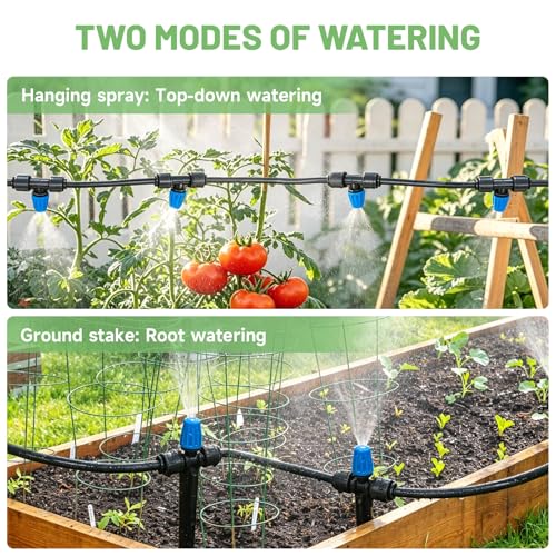 Riboud 165FT Drip Irrigation Kit, Quick-Connect Garden Watering System with 30 Adjustable Misting Nozzles for Garden Greenhouse, Hanging Plants, Raised Beds - size: 165FT