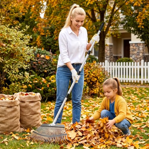 Adjustable Leaf Rake, Lightweight 18" Wide Garden Rake, 62" Long Handle