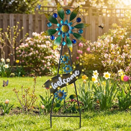 TERESA'S COLLECTIONS Solar Metal Hummingbird Wind Spinner Garden Stake 26" - color: Green, size: Medium
