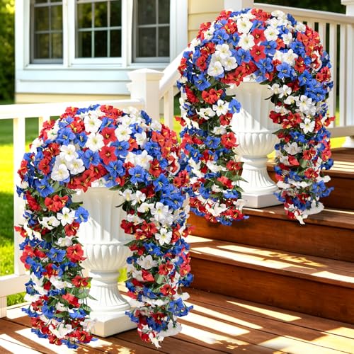 Artificial Hanging Flowers for Outdoors, 4 PCS 544 Blooms UV Resistant Morning Glory Faux Silk Vines, No-Odor Realistic Fake Plants for Garden Planter Porch Patio Decoration, Red Blue White - color: Red Blue White