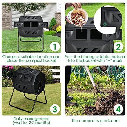 Goplus 43 Gallon Composting Tumbler, Dual Chamber High Volume Compost with 2 Sliding Doors