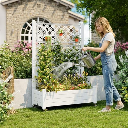 Trellis Raised Garden Bed, Self-Watering Planter Box, White - color: Medium Ashen, size: 61.2" H