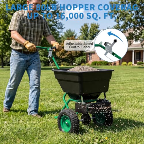 Push Broadcast Spreader, 100lb Large Capacity, 12ft Broadcast Width - color: Green+100LBS