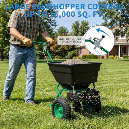 Push Broadcast Spreader, 100lb Large Capacity, 12ft Broadcast Width - color: Green+100LBS