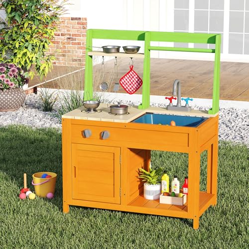 Costzon Mud Kitchen for Kids Outdoor, Wooden Play Kitchen w/Stoves, Removable Sink, Faucet, Oven, Cooking Accessories, Storage Shelves, Montessori Pretend Kitchen Playset for Girls&Boys 3+ Years Old - style: with Storage Shelf