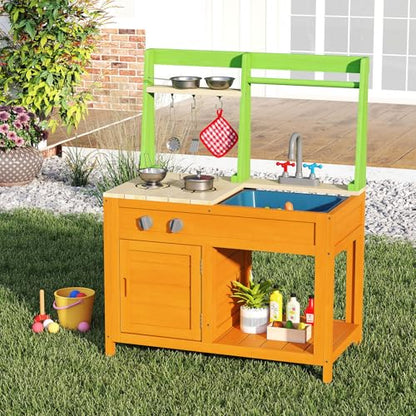 Costzon Mud Kitchen for Kids Outdoor, Wooden Play Kitchen w/Stoves, Removable Sink, Faucet, Oven, Cooking Accessories, Storage Shelves, Montessori Pretend Kitchen Playset for Girls&Boys 3+ Years Old - style: with Storage Shelf