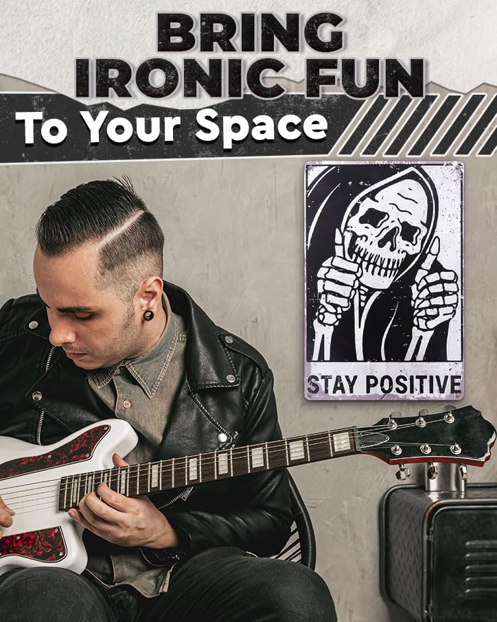 Stay Positive Skull Metal Sign, 8x12 In, Retro Funny Wall Art - color: Stay Positive