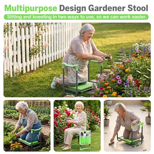Garden Kneeler and Seat Heavy Duty, Foldable Gardening Stool Bench - color: Green