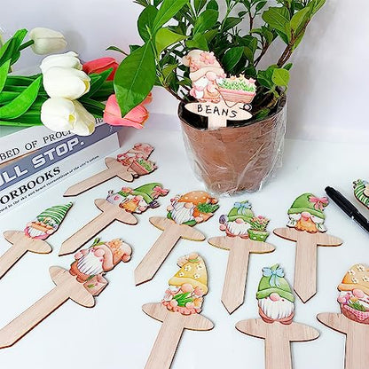 20pcs Garden Markers - Wooden Plant Labels with Funny Gnome Designs for Flowers & Vegetables