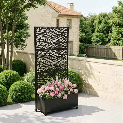 Pia Ricco Planter Box with Trellis, Privacy Planter for Climbing Plants - color: Black-flow Leaf, size: Medium