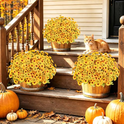 15PCS Artificial Fall Flowers for Outdoors, UV Resistant Fake Mums - color: Yellow Daisies & Yellow Violets