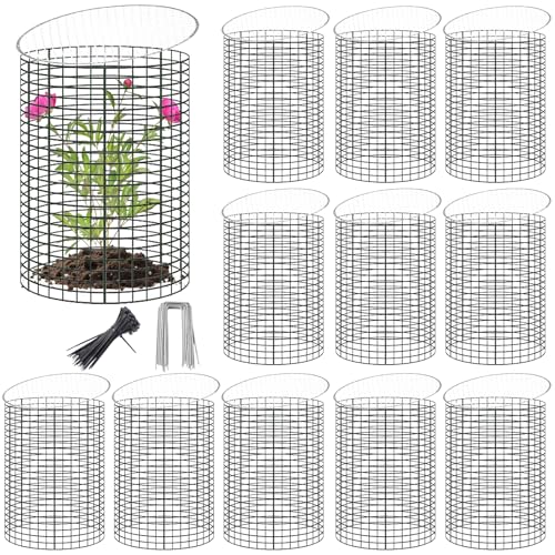 12 Sets of 16'' x 12'' Garden Plant Protectors from Animals With Detachable Covers ,36Pcs Metal Wire Protectors With Cover for Plants , Metal Plant Cage Chicken Wire Cloche with Stakes & Nylon Ties
