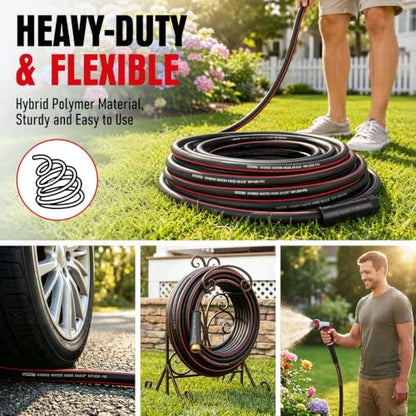 Heavy Duty Garden Hose 50ft, NON-EXPANDABLE Flexible Water Hose, Kink Resistant Lightweight Hybrid Hose, Leakproof Hose Male to Female Fittings - color: Black+Red, size: 50ft