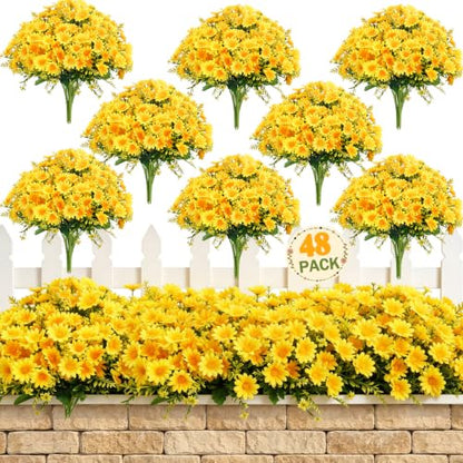 48Pcs Artificial Mums Fall Faux Flowers for Outdoor Planters, Yellow - color: Yellow-48pcs